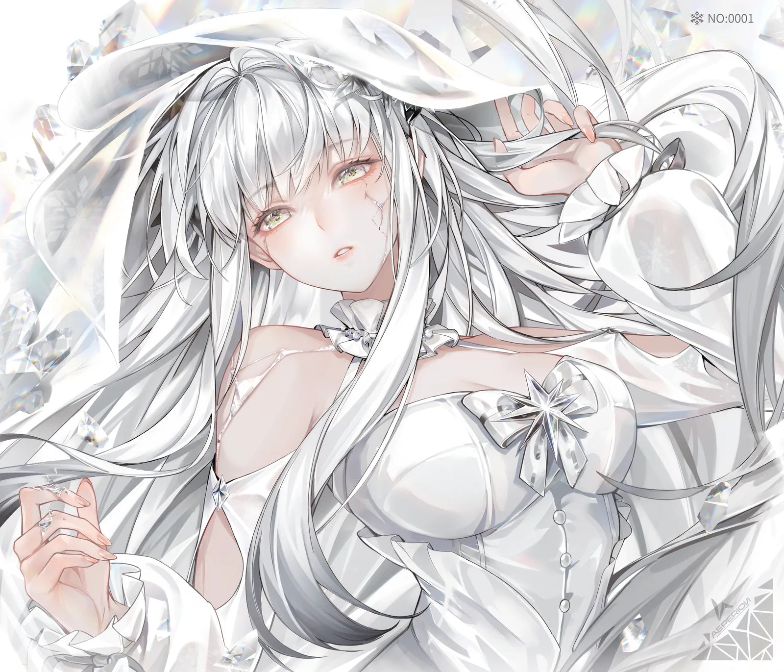 The Shimo character print laid flat: a white-haired figure reclining among crystalline petals, drawn in bone and ash with a breath of blush, the snowflake and serial NO : 0000 in the upper corner.